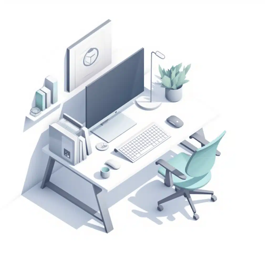 Illustration of a home office setup with a large monitor, desk, and office chair, representing an ergonomic workspace.