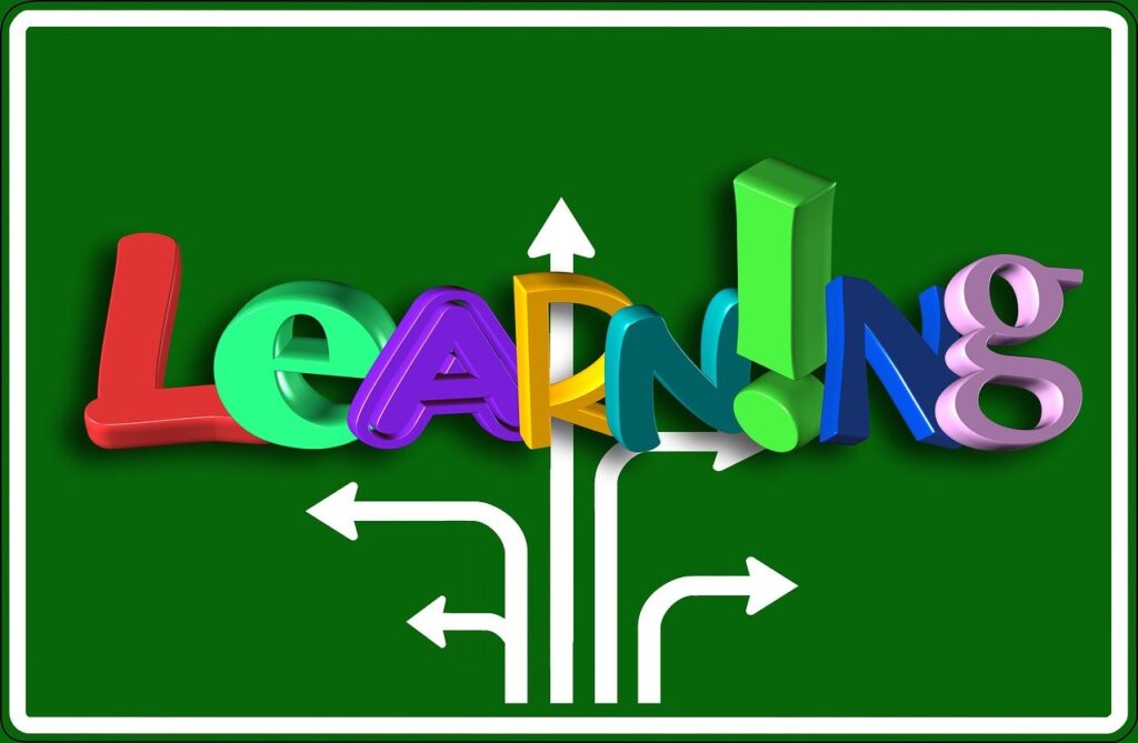 Illustration of a green highway sign with the word 'LEARNING' in a fun multicolored font, from which multiple paths branch out, symbolizing diverse learning styles and individualized educational journeys