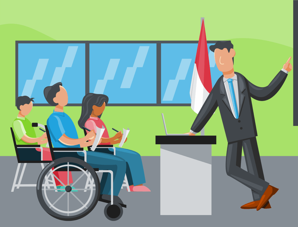Generic illustration of a teacher at a podium facing three students of different ethnicities, one in a wheelchair, all taking notes, symbolizing an inclusive learning environment that unlocks potential for all learners.