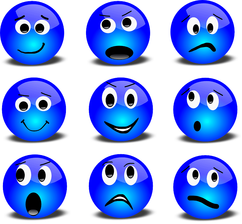 Grid of blue 3D emoticons displaying a range of emotions including happy, sad, angry, surprised, and confused faces.