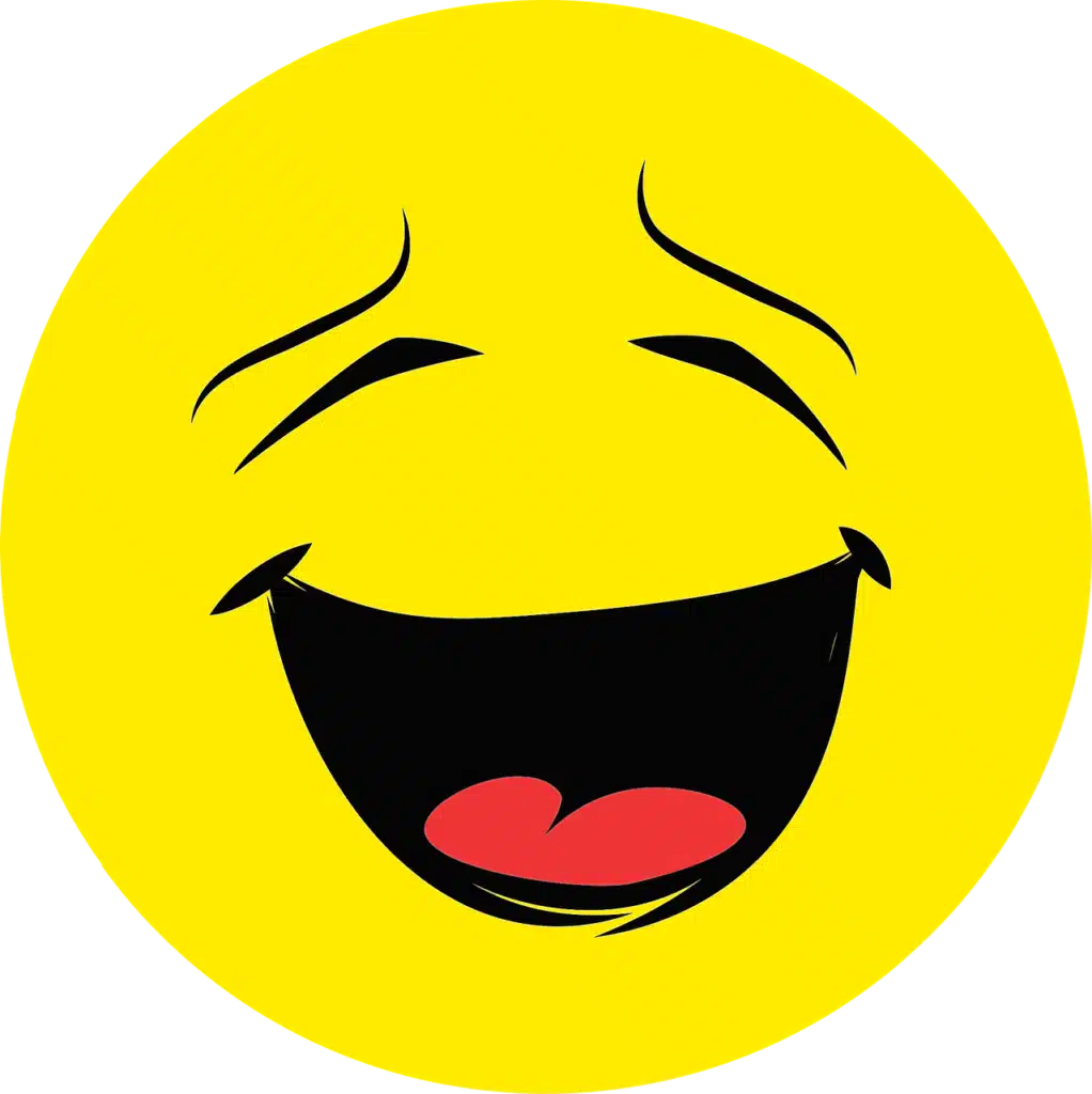 A bright yellow smiley face with a red tongue visible in a laughing mouth, and small lines indicating closed eyes from laughter.