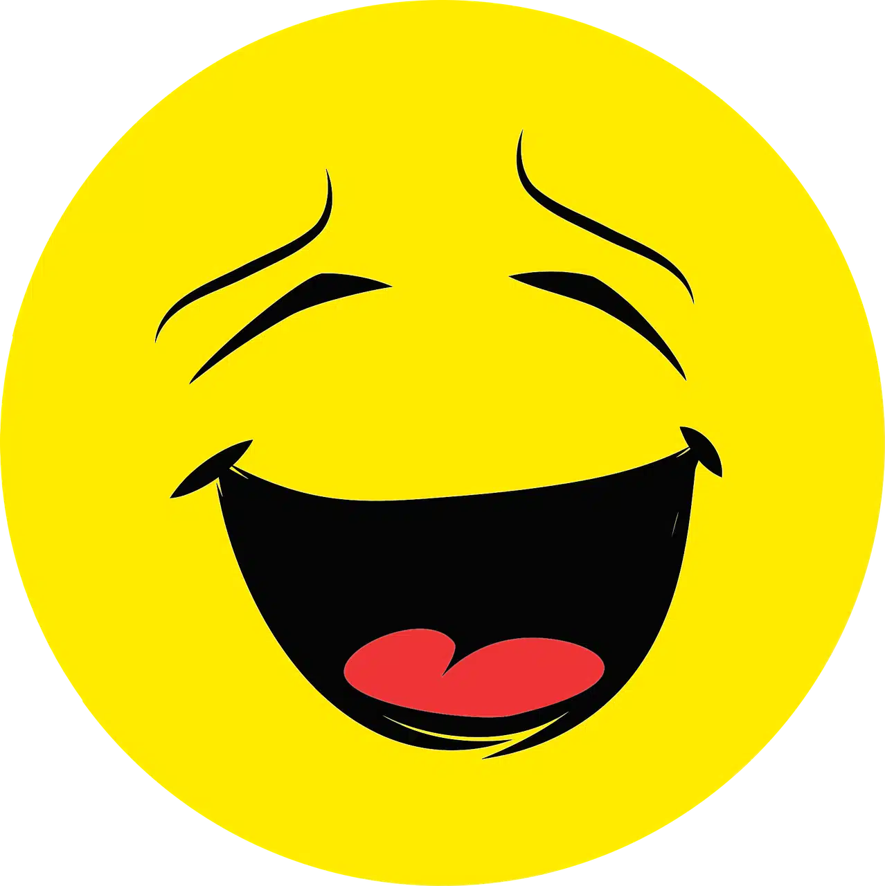A bright yellow smiley face with a red tongue visible in a laughing mouth, and small lines indicating closed eyes from laughter.