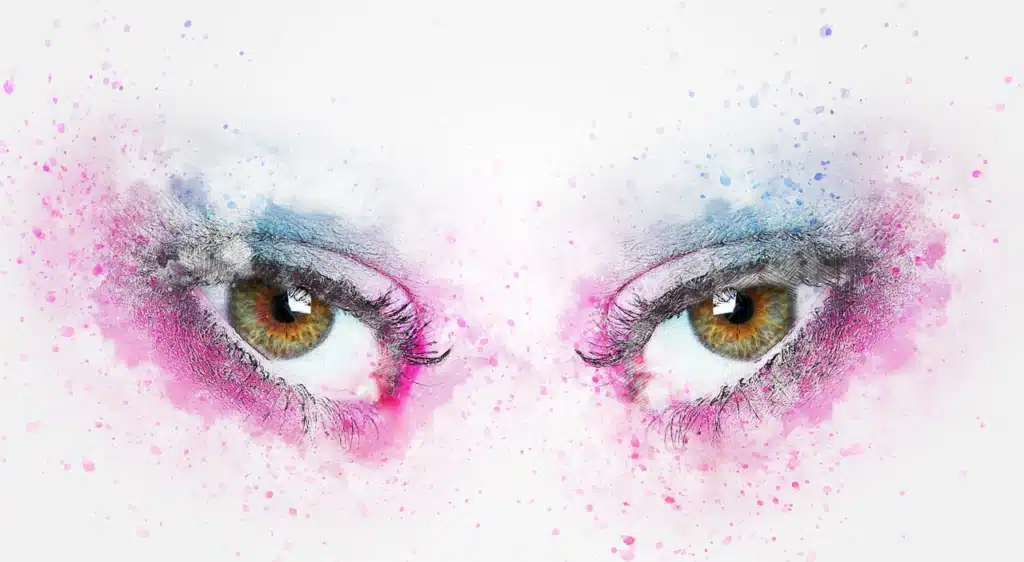 Pastel watercolor rendering of human eyes, symbolizing involuntary neurological processes, similar to those involved in nystagmus and stuttering.
