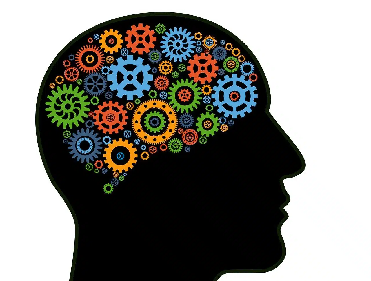A black silhouette of a human head in profile, filled with numerous interlocking, colorful gears of various sizes, symbolizing cognitive processes and thinking.