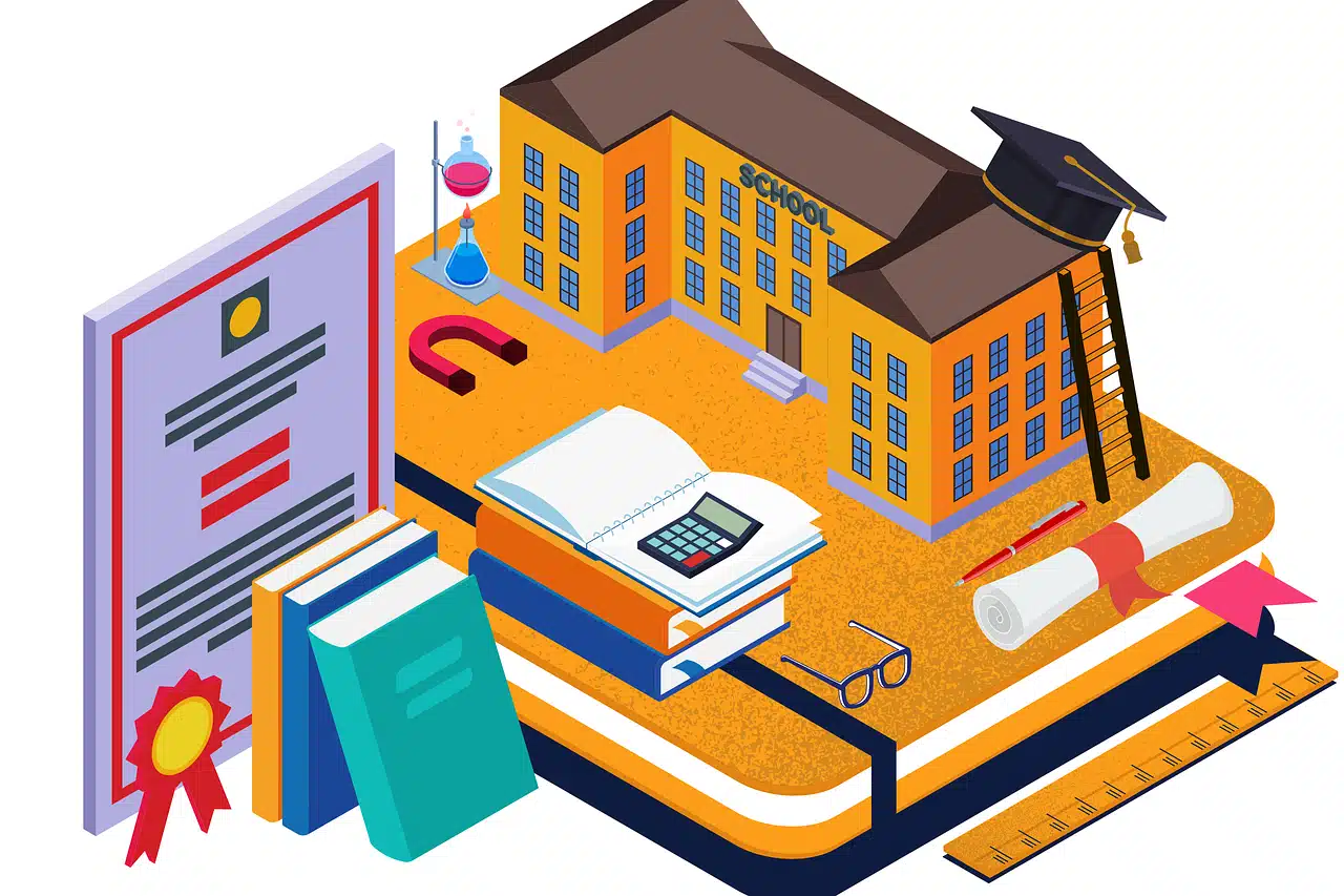 An illustration depicting a school building, books, a calculator, a diploma, and educational tools symbolizing learning and achievement.