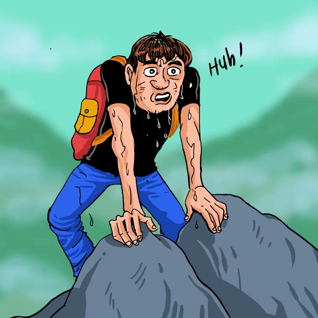 Cartoon of a visibly tired boy with a backpack reaching a mountain peak, symbolizing the exhausting effort of masking stuttering.