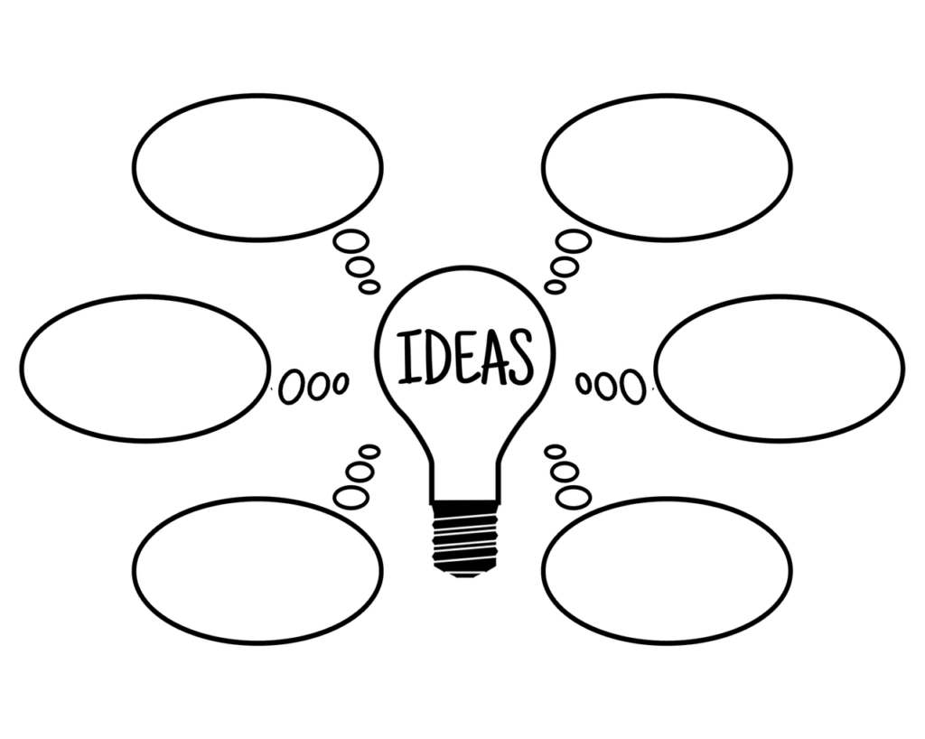 Line drawing of a lightbulb with the word 'IDEAS' written inside, surrounded by thought bubbles.