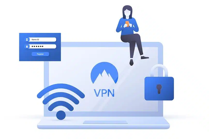 An illustration depicting a person using a laptop with a VPN symbol and lock icon, symbolizing the importance of secure online practices especially when dealing with PHI and AI.