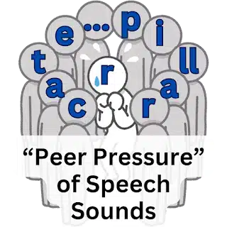 Illustration of gray stylized, rounded figures encircling a white, cowering stylized, rounded figure. Each gray figure's head spells 'cate...pillar,' while the frightened white figure's head has only the 'r.' The image text reads 'peer pressure' of speech sounds.