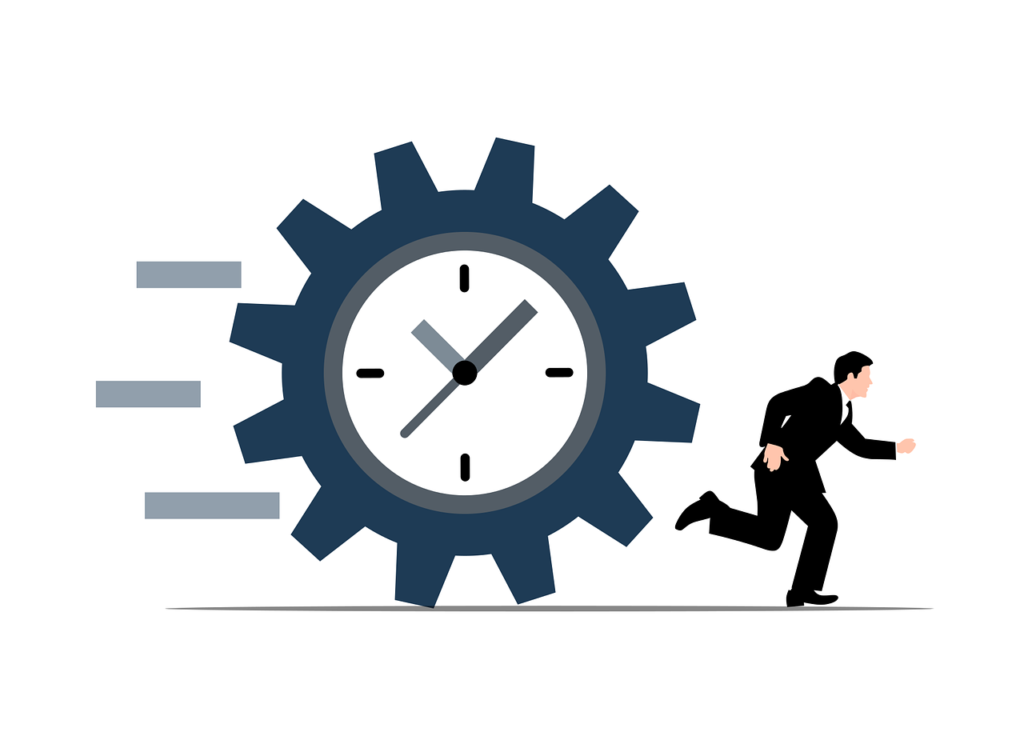 An illustration of a man in a suit running away from a large, blue gear with a clock face on it, symbolizing the pressure of time and the need for extended time.