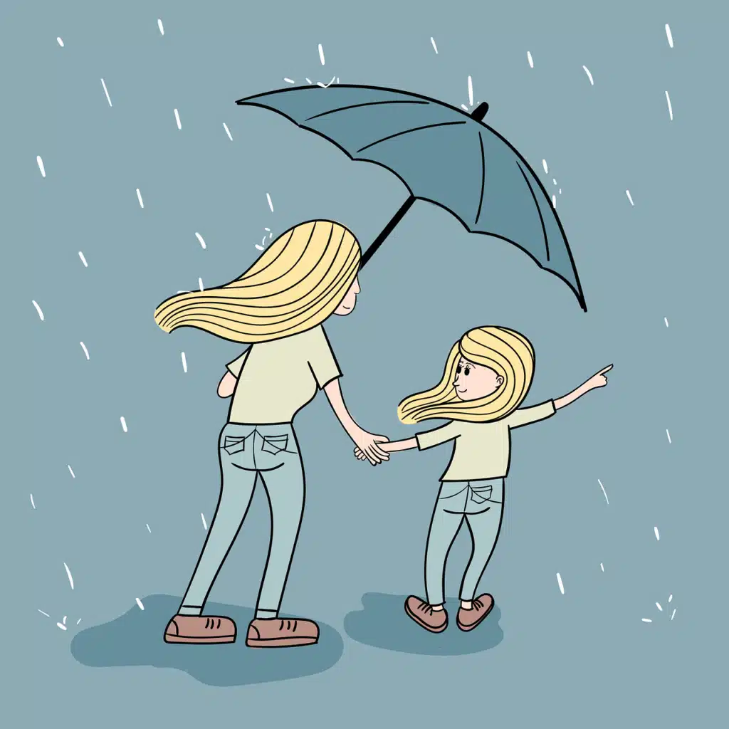 Cartoon illustration of an adult holding an umbrella over a child in the rain, with the child pointing excitedly, symbolizing shared exploration and curiosity.
