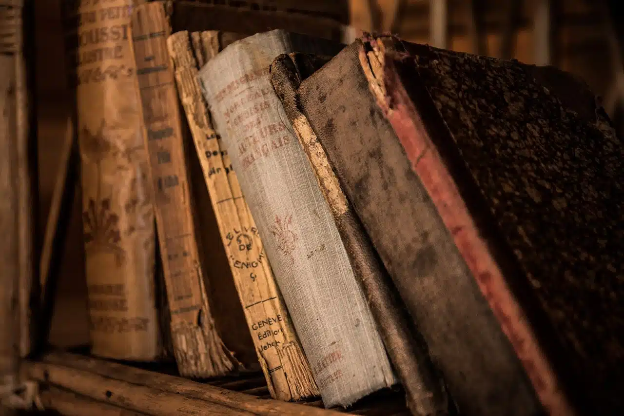 A close-up view of several old, worn books with weathered covers and pages, leaning on a shelf.