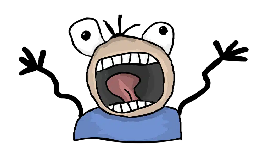 An animated character with exaggerated features, wide eyes, a big mouth, and arms raised, expressing panic.