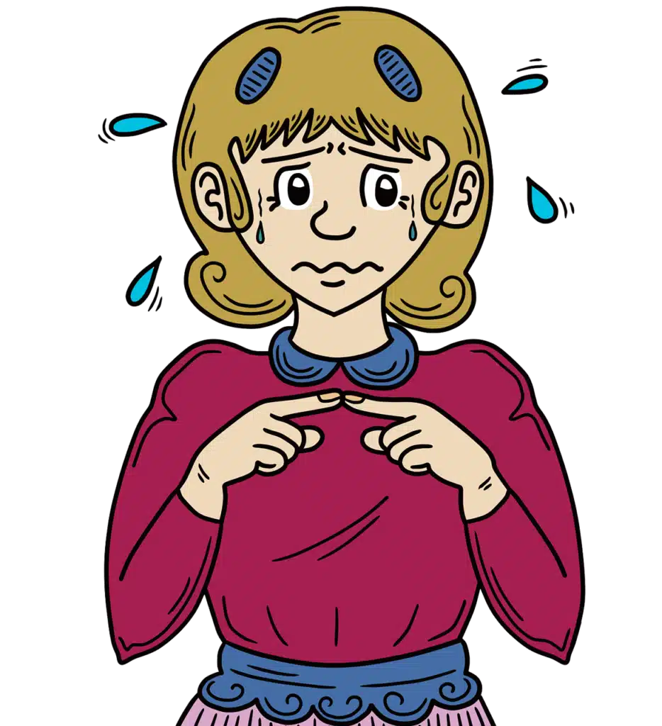 A cartoon illustration of a distressed or worried person with a pale face, teary eyes, and sweat drops around their head, clutching their hands to their chest.