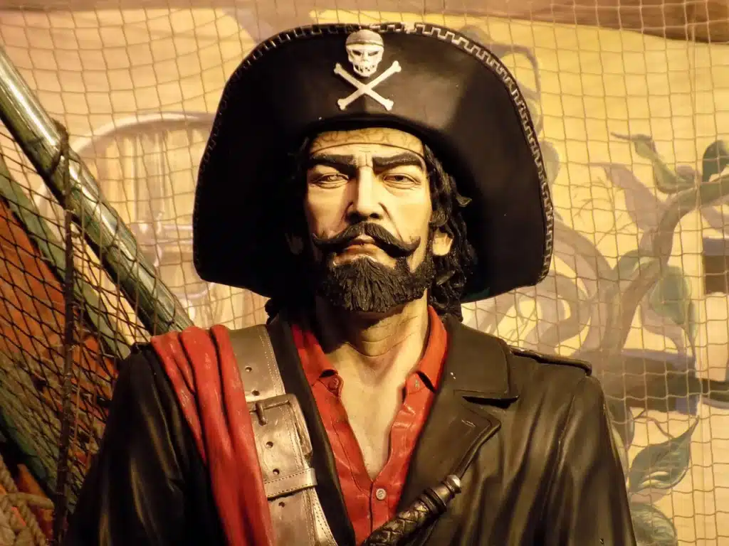 A detailed bust of a male pirate wearing a large black tricorn hat with a white skull and crossbones emblem, a red shirt, and a dark coat, with a prominent mustache and beard.