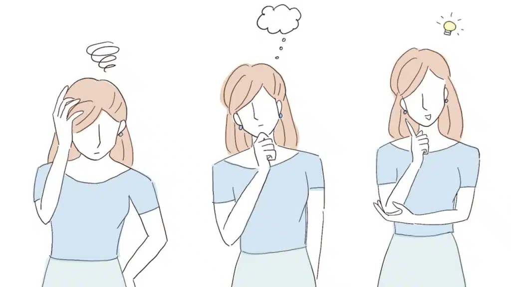 Three sequential cartoon illustrations of the same generic woman: first, with a scribble above her head indicating a problem; second, with a thought bubble above her head indicating contemplation; and third, with a lightbulb above her head indicating a solution or idea. This sequence symbolizes the multi-step problem-solving process.