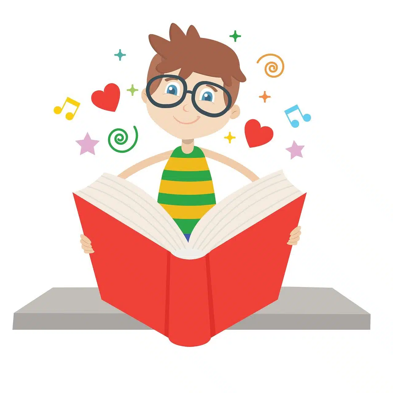 Stylized illustration of a smiling boy with glasses happily reading a large book, surrounded by various symbols like stars, hearts, swirls, and music notes, symbolizing joyful learning and engagement.