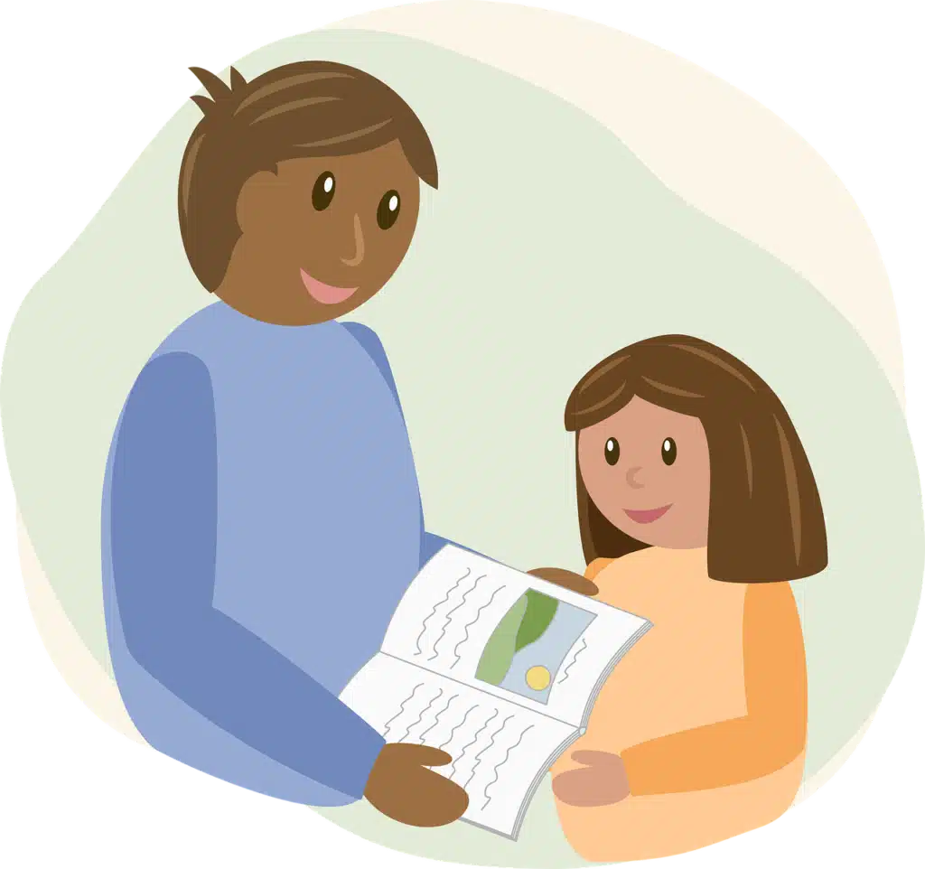 Photo of a smiling father reading a book to a child, both looking happy, symbolizing enjoyable shared reading time.