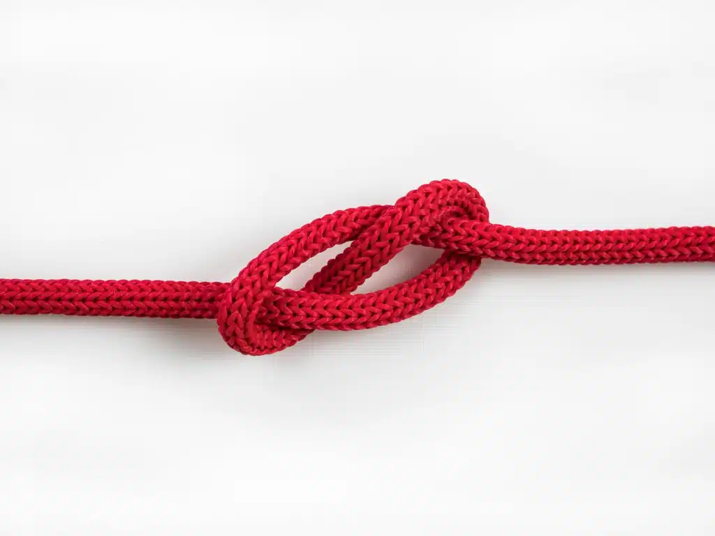 A red cord with a tight knot, symbolizing the restricted tongue movement associated with tongue tie.