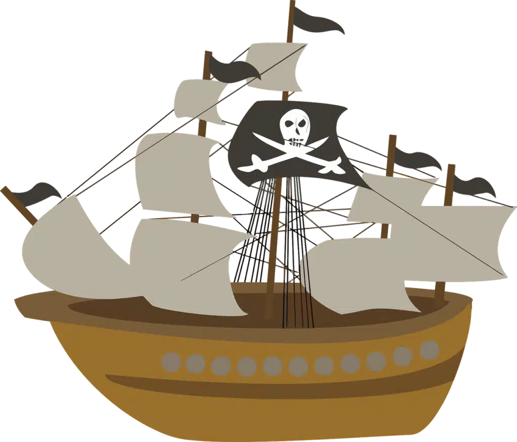A simple cartoon illustration of a brown pirate ship with light-colored sails and a black Jolly Roger flag featuring a skull and crossbones.