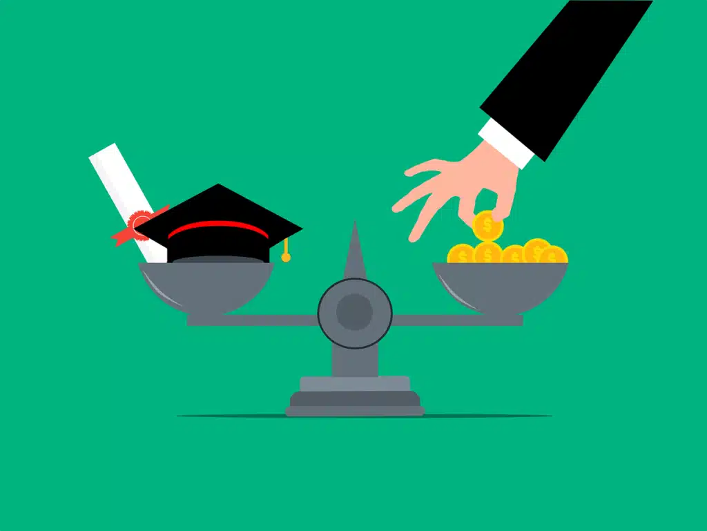A stylized image of a balance scale where one side holds a graduation cap and diploma, and the other side has a hand placing gold coins onto it, symbolizing the struggle between educational investment and financial return, particularly for teachers.