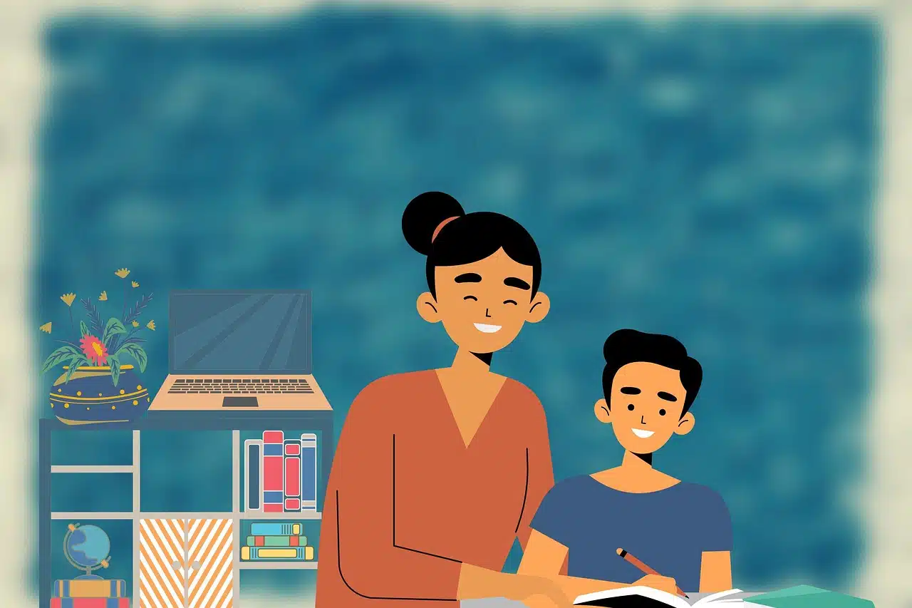An illustration of a smiling adult (possibly a teacher or therapist) with a bun, standing next to a smiling student who is writing in a book at a desk. A laptop and colorful bookshelves are in the background.
