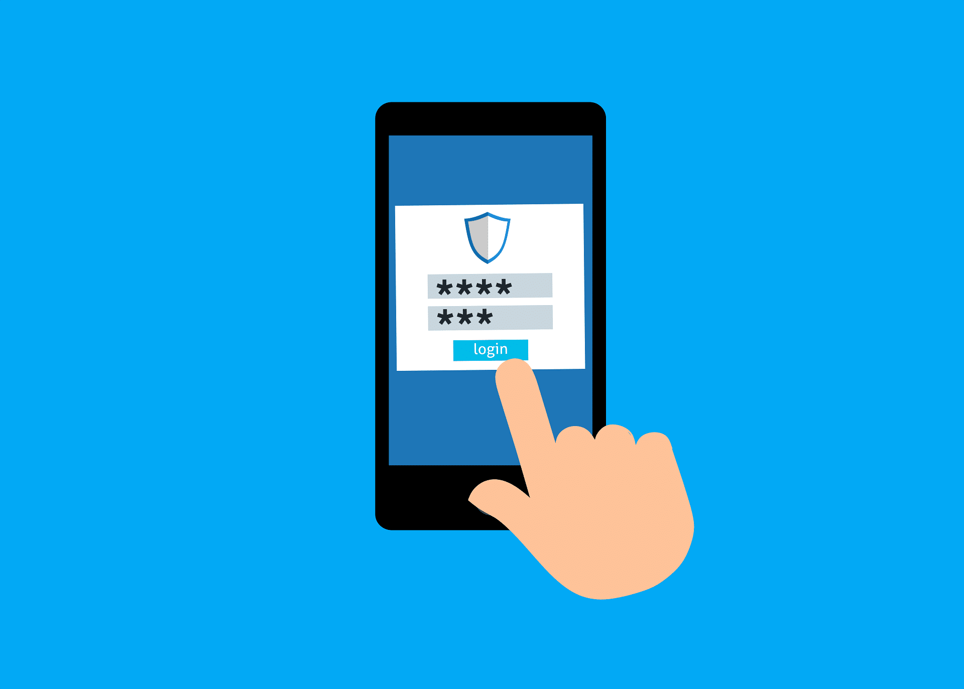 A digital illustration of a hand touching a "Login" button on a smartphone. The screen shows two password fields filled with asterisks and a shield icon at the top, indicating a secure login process.