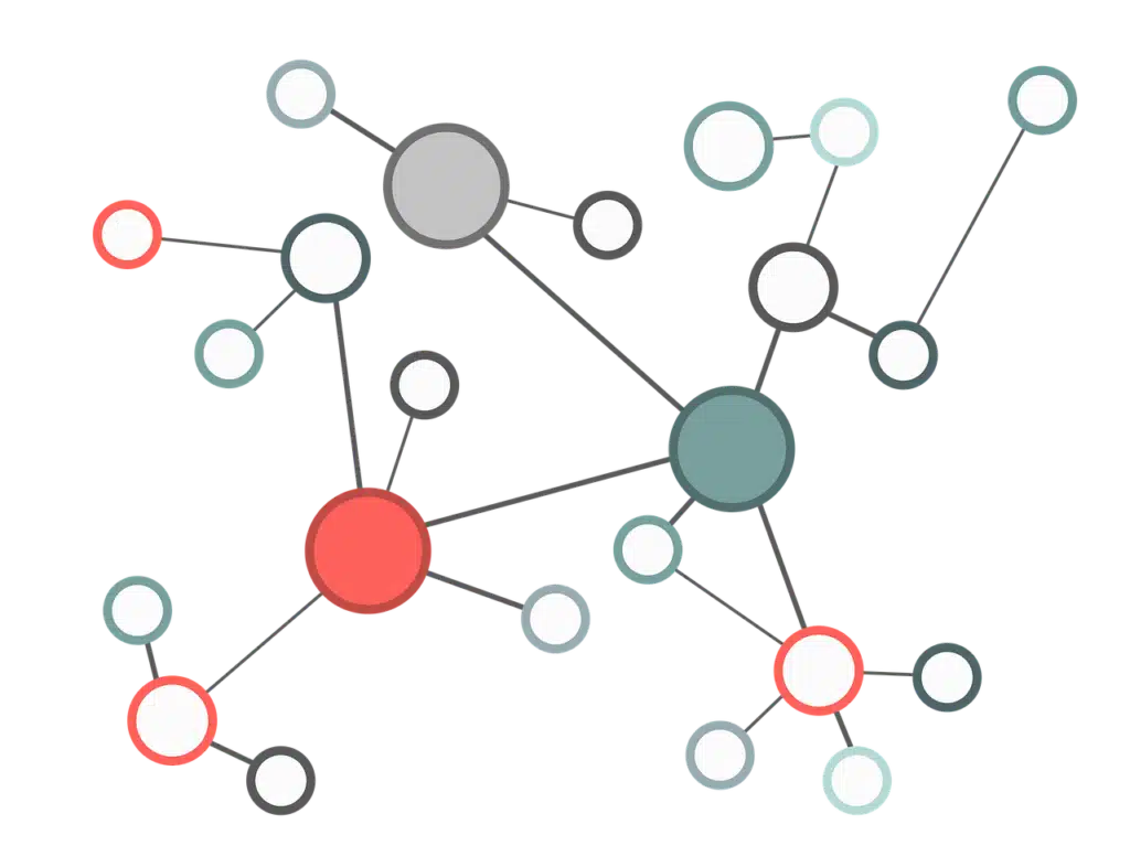 Illustration of a complex network of interconnected circles and lines, symbolizing how words and concepts are related.