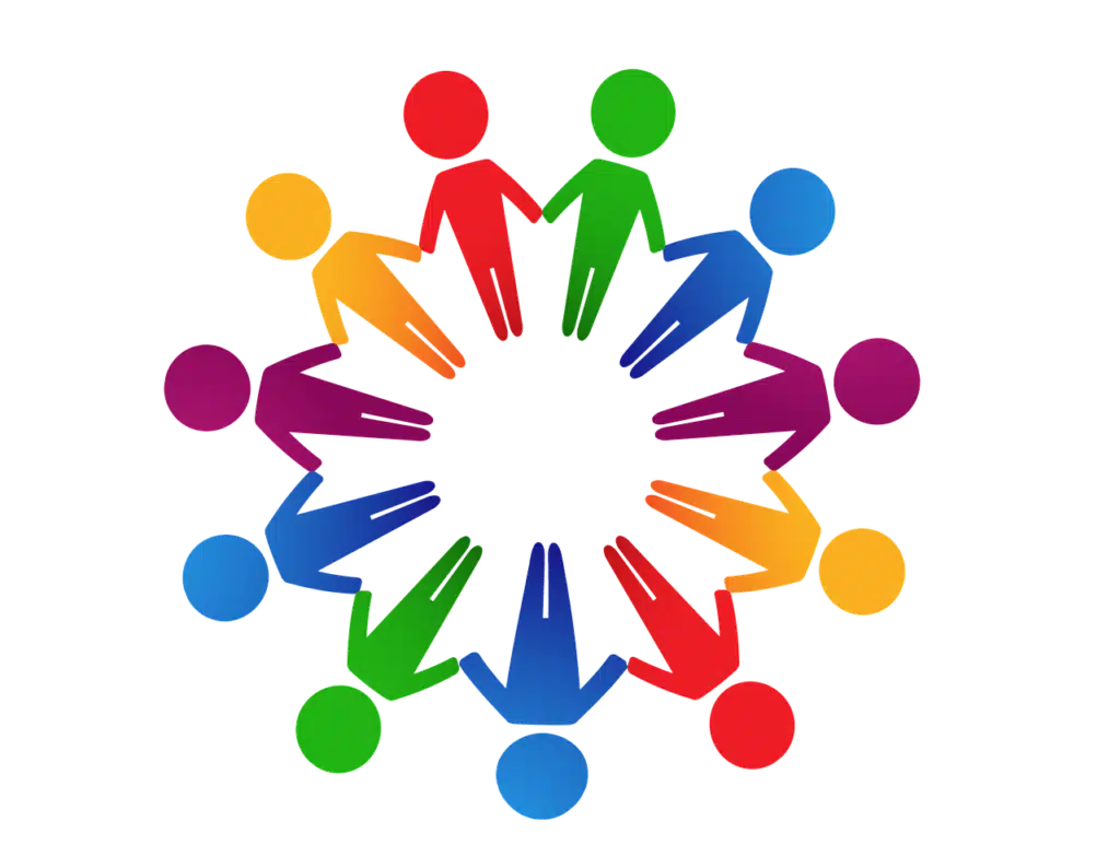 A circle of diverse, brightly colored human stick figures holding hands, symbolizing unity, connection, and community.