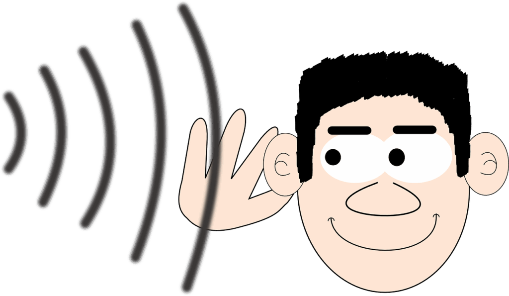 Line drawing of a man with a hand cupped behind his ear, with sound waves directed towards it, symbolizing active listening and attending to sounds.