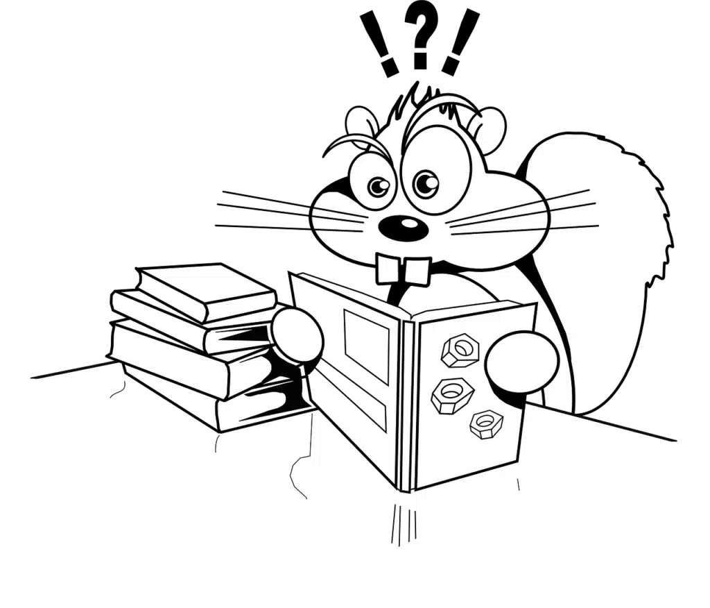 A black and white cartoon illustration of a wide-eyed, confused squirrel reading a book next to a stack of books, with exclamation and question marks above its head.