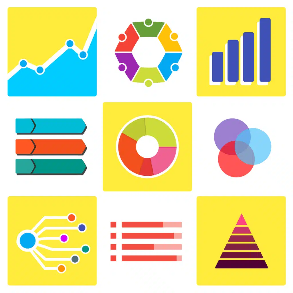 A grid of nine colorful square icons, each depicting a different type of chart, graph, or infographic element (e.g., line graph, pie chart, bar graph), symbolizing data visualization and visual aids.