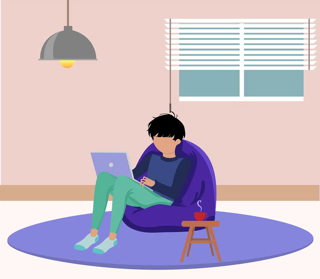Illustration of a person in pajamas sitting comfortably in a bean bag chair with a laptop, symbolizing teleconferencing from home.