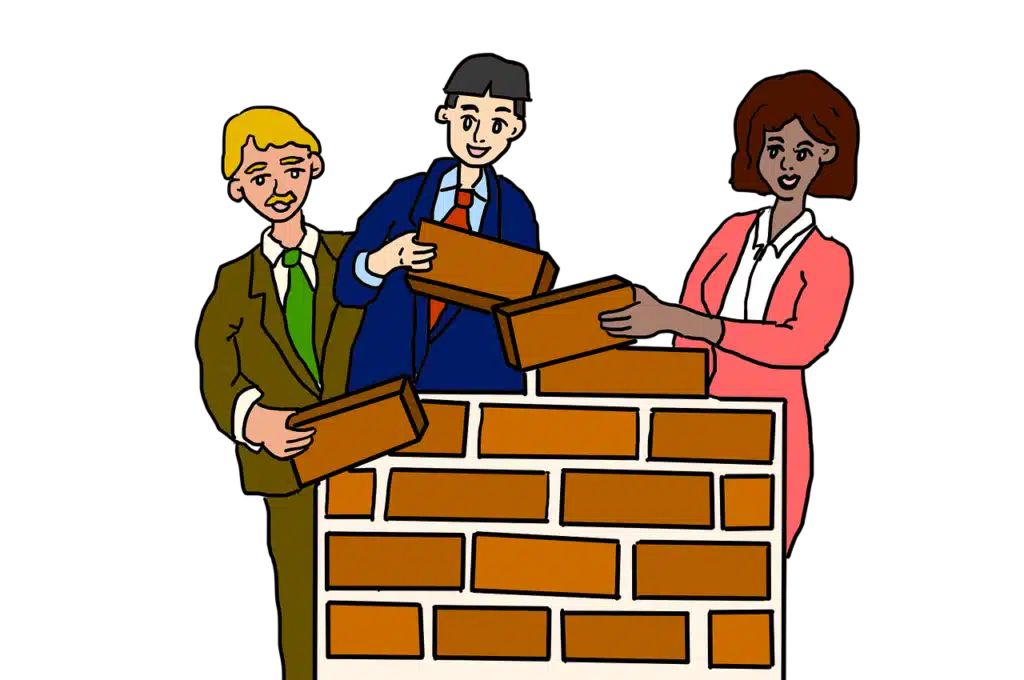 Cartoonish illustration of three multicultural people working together to lay bricks in a wall, symbolizing collaboration and building a strong foundation.