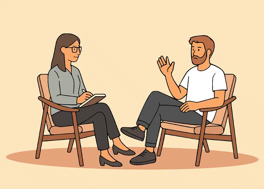 AI myth that human SLPs will be replaced is debunked - illustrated by a therapist and client in conversation, embodying essential human connection and empathy in therapy.