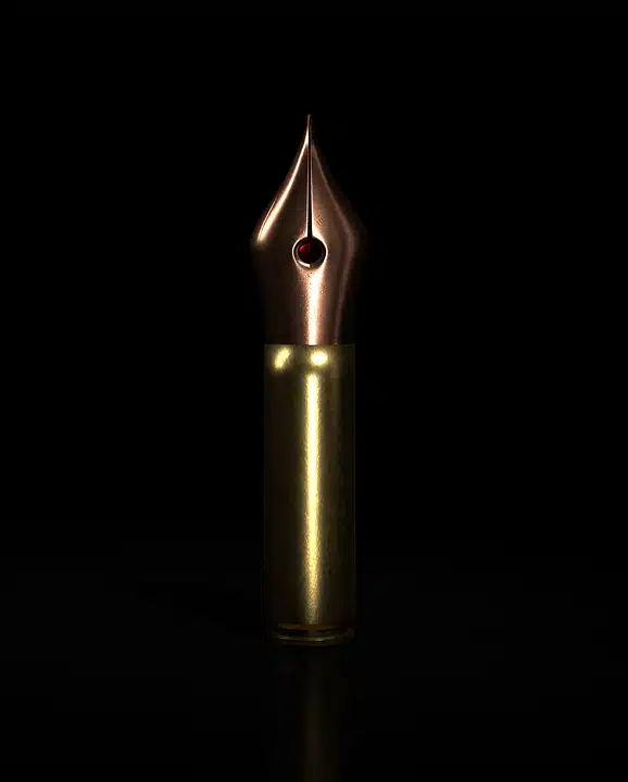 A prominent gold fountain pen nib with an ink drop, standing upright against a dark, reflective background, symbolizing the art of writing and detailed character development.
