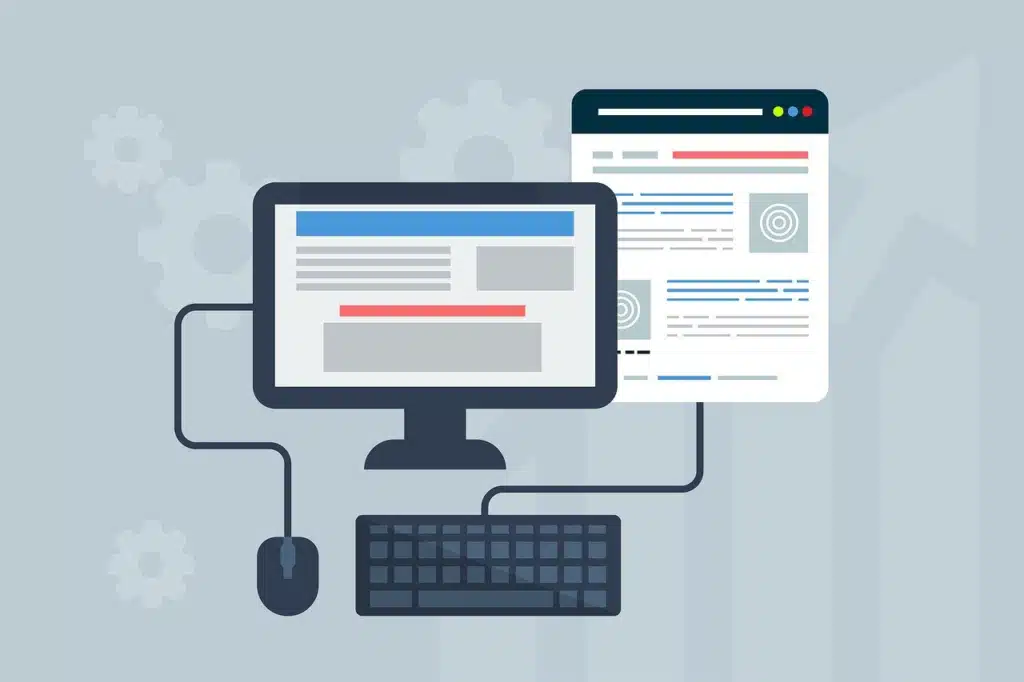 Illustration of a desktop computer setup with a web page and code, representing technology and web design.