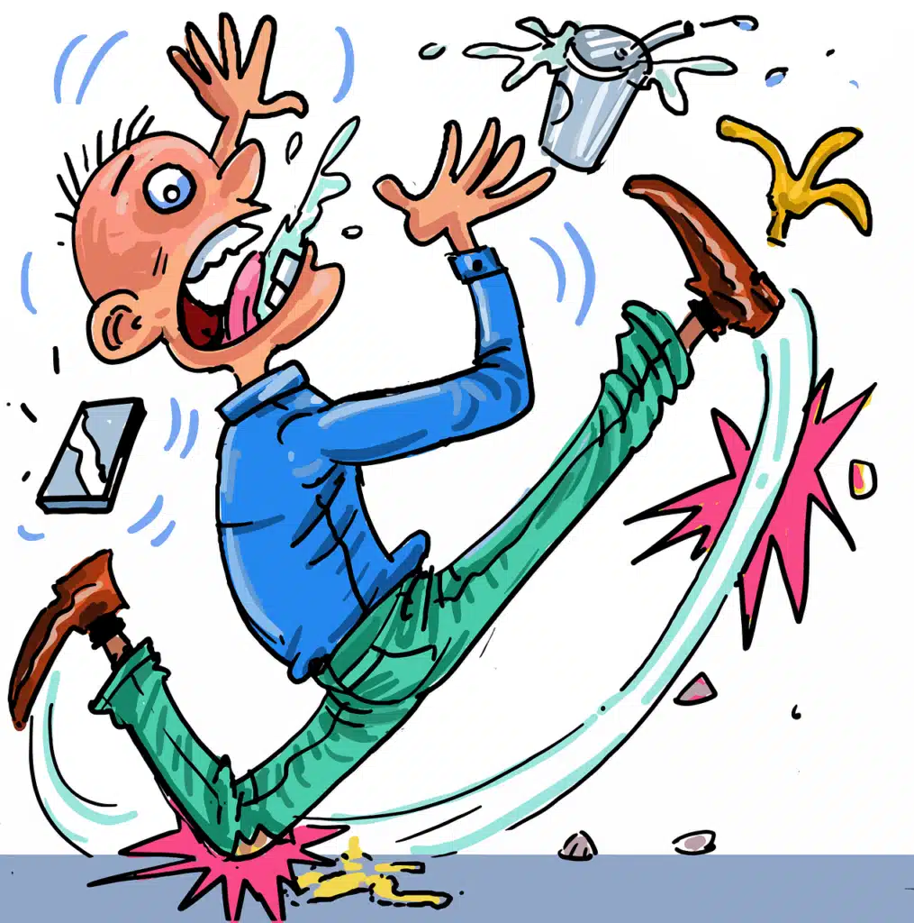 A cartoon illustration of a man with an exaggerated open mouth and tongue out, flailing backward as he slips on a banana peel, with a splashing bucket and a flying phone.