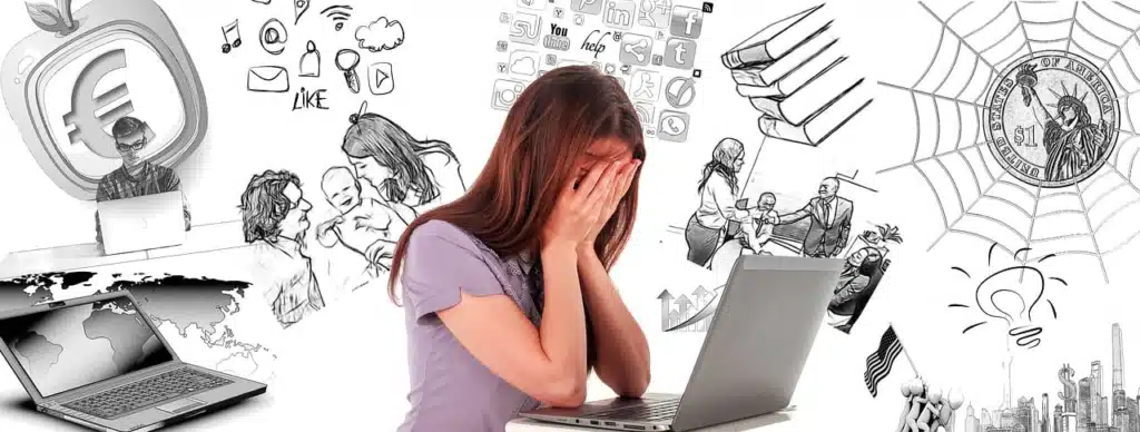 A woman with red hair sitting at a laptop with her face in her hands, surrounded by various overlapping sketch-like images representing social media, work, and daily life stressors.
