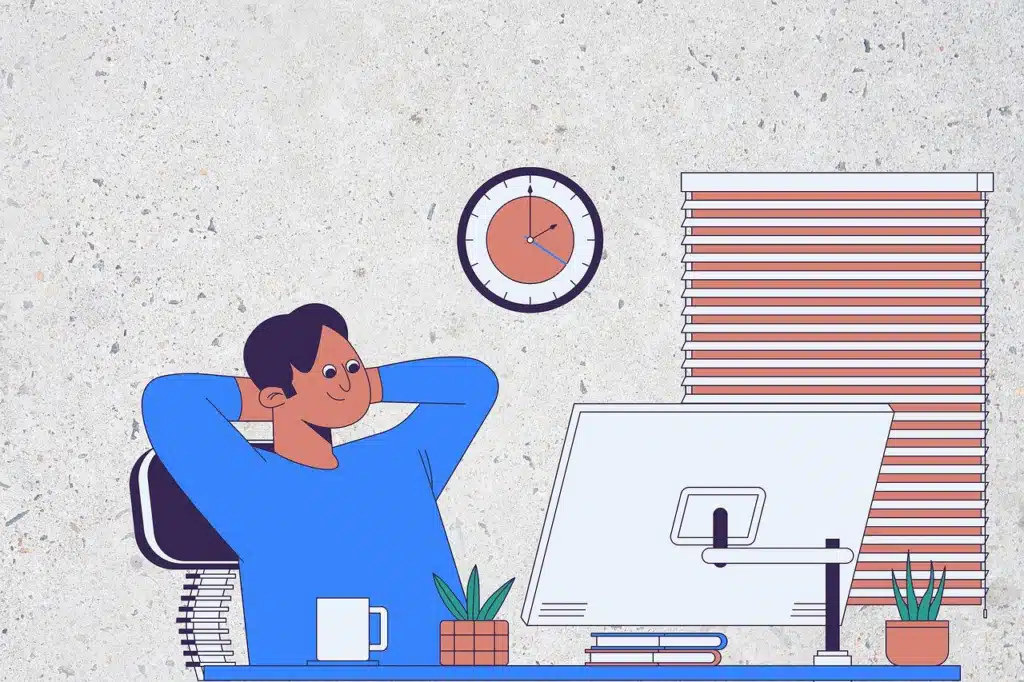 Stock stylized illustration of a man sitting at a desk with a large monitor, leaning back in an office chair with hands behind his head and a calm, smiling expression, symbolizing relaxed achievement or stress-free work.