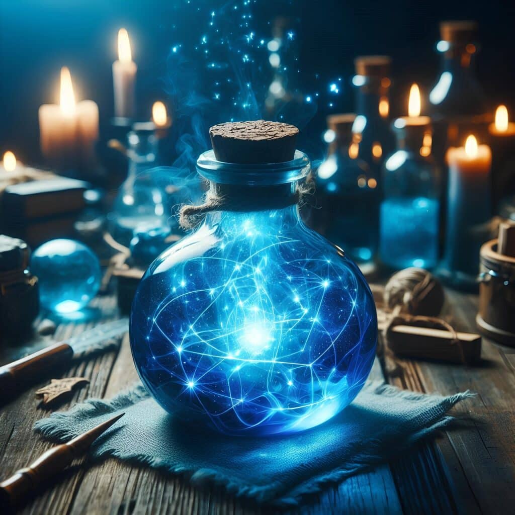 A mystical, glowing blue potion bottle on a wooden table.
