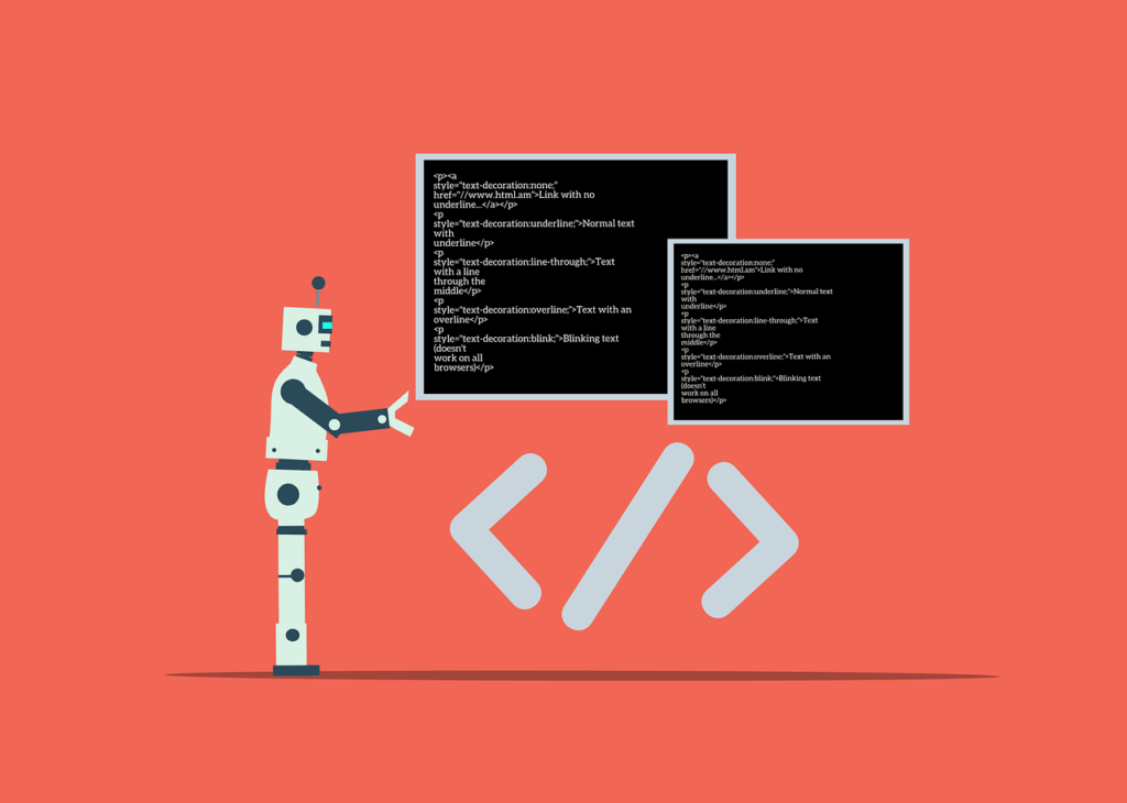 A white robot figure with glowing eyes holds up two holographic screens showing lines of code.