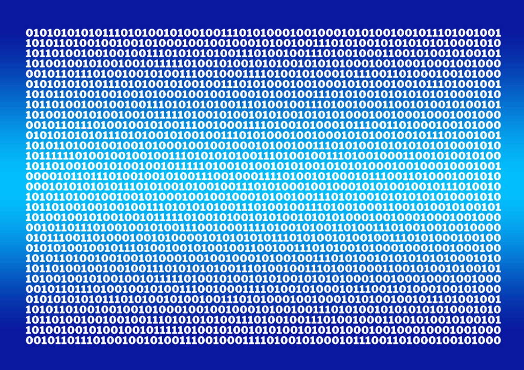 A blue screen filled with lines of 0s and 1s of binary code in white text.
