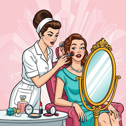 A retro-styled illustration of a smiling woman in a teal dress looking into a ornate gold mirror, as a stylist applies makeup. The scene evokes transformation and new styles.