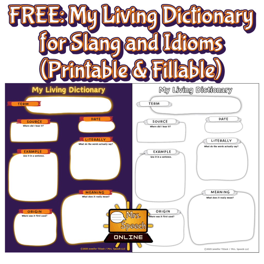 The cover image for a figurative language teaching resource.  The title is in white with orange and navy outline, "FREE: My Living Dictionary for Slang and Idioms (Printable & Fillable)". The left side has a dark purple background with orange text boxes for "Term," "Source," "Date," "Literally," "Example," "Meaning," and "Origin." The right side is a blank, white, printable version of the same template.