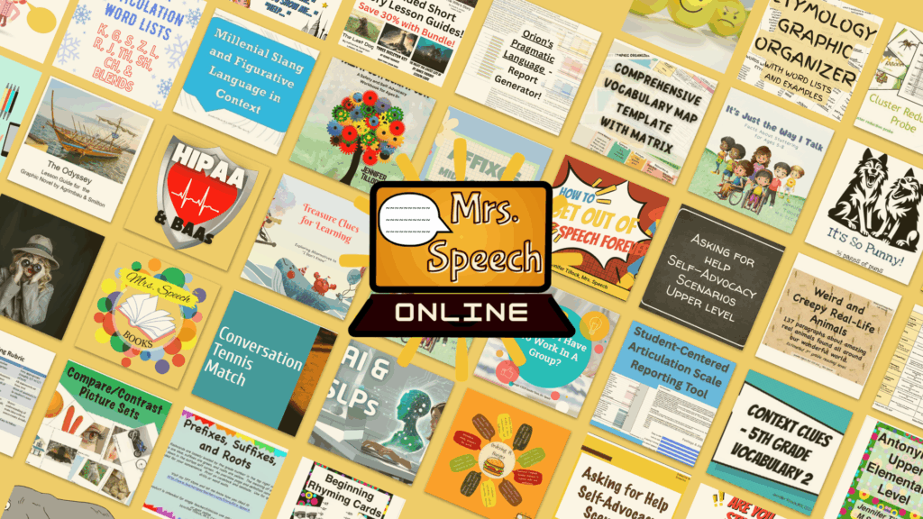 YouTube banner (2048 x 1152 px) A banner image showing multiple cover images of Mrs. Speech products, both on TPT and Amazon, with the Mrs. Speech Online laptop logo in the center.