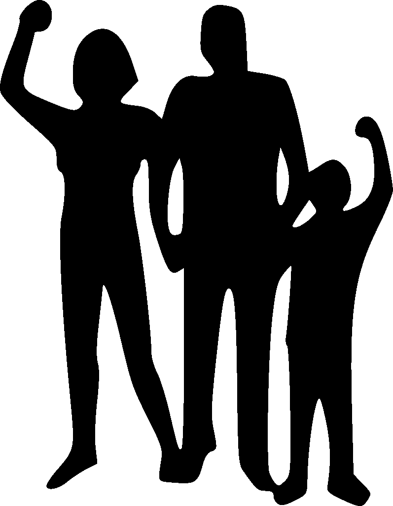 Silhouettes of a family (two adults and one child) standing together, with both the woman and child flexing their bicep muscles. This symbolizes strength, unity, and empowerment for families in supporting communication assisted by AI.