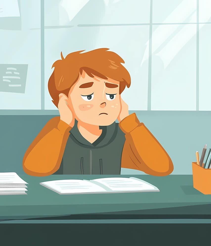 A cartoon illustration of a young boy with reddish-brown hair, looking bored and frustrated with learning figurative language, resting his head in his hands at a desk with an open book in front of him. He wears an orange and gray hoodie.