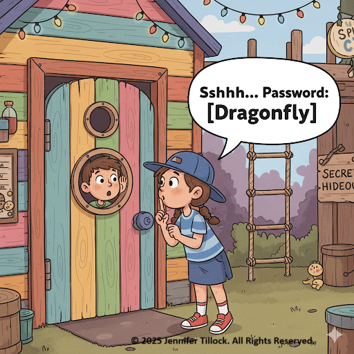 A cartoon of two children at the entrance of a wooden clubhouse, demonstrating how teaching archaic figurative language is like a secret code. One child is speaking a password through a small cutout in the door, while the listener's face is visible through the hole, with a hand cupped to their ear.