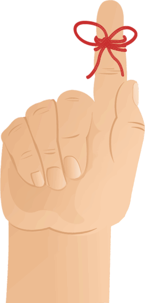 A close-up image of a person's index finger with a red string tied around it as a reminder.
